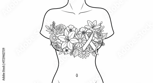 Delicate floral arrangement with awareness ribbon symbolizes hope and strength for breast cancer awareness.