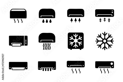 Collection of black air conditioner icons includes different types of air conditioners for cooling and temperature control
