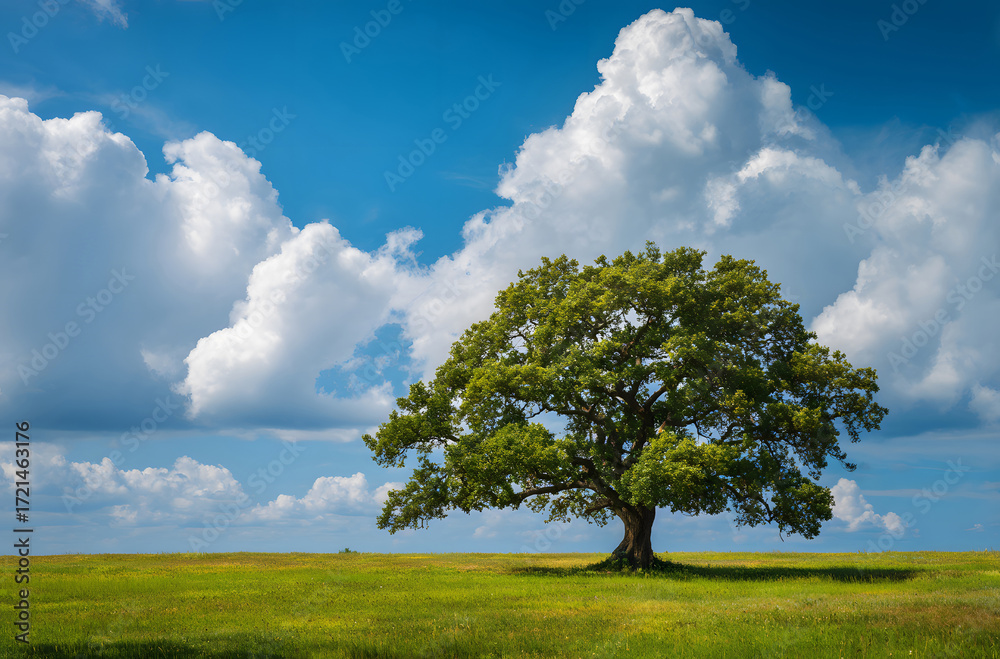 Obraz premium large oak tree stands tall in wide green field under bright blue sky with soft white clouds, captured on sunny spring day in the countryside, offering natural background full of tranquility and space