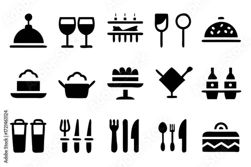 A collection of restaurant and food icons in black silhouette, , representing dining, cuisine, and culinary experiences