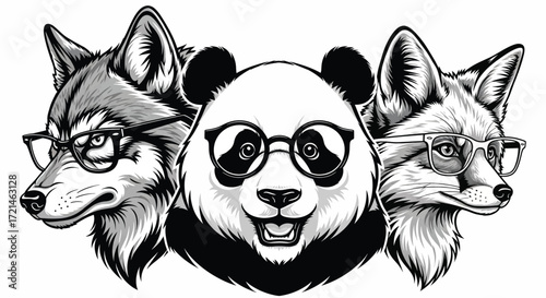 Three anthropomorphic animals, a wolf, a panda, and a fox, wearing glasses, presented in a friendly and intelligent manner.