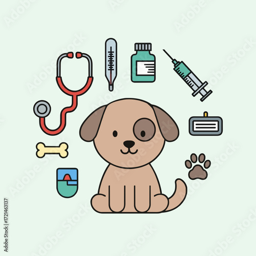 Animal healthcare and veterinary clinic concept featuring a cute cartoon puppy surrounded by medical icons like a stethoscope, syringe, and medicine