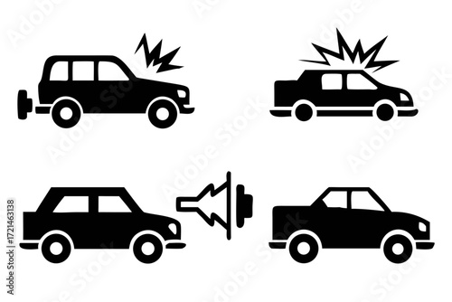 A set of car accident icons in black silhouette, , depicting collision, damage, and safety concerns in transportation