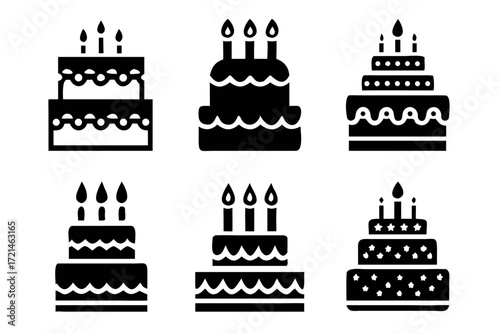 Various birthday cake icons, presenting tiered designs with candles, perfect for festive occasions and celebratory graphics in format