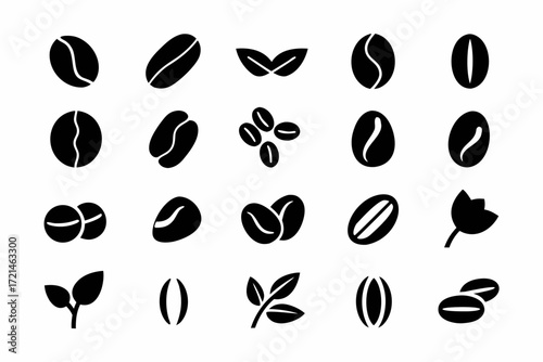Collection of coffee bean icons set of various coffee beans and leaves in different shapes and styles for design needs