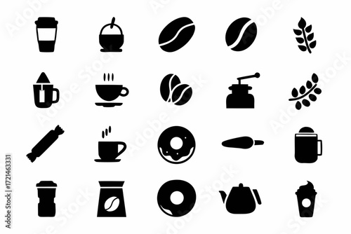 Collection of coffee and bakery icons set of various coffee, bakery, and drink items in different shapes and styles