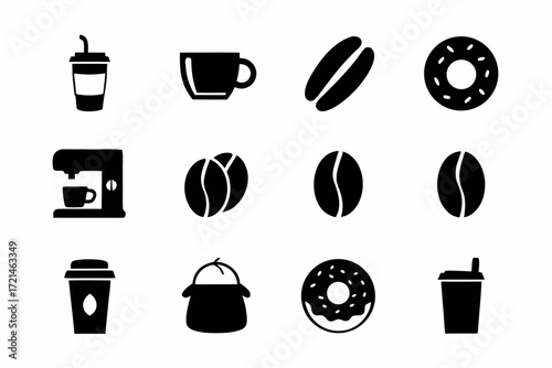 Coffee icon set featuring various coffee drinks, beans, and brewing equipment in a simple, minimalist design for diverse applications