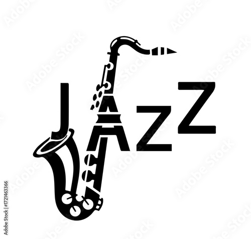 A simple and minimalist black and white logo design for a jazz party, text combined with a saxophone, isolated transparent background