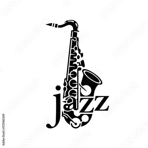 A simple and minimalist black and white logo design for a jazz party, text combined with a saxophone, isolated transparent background