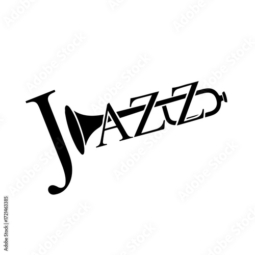 A simple and minimalist black and white logo design for a jazz party, text combined with a сlarinet, isolated transparent background