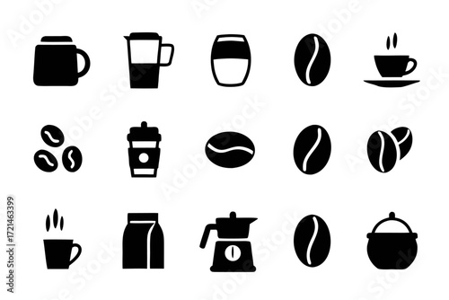 Collection of black and white coffee icons featuring coffee beans, cups, and brewing equipment in a minimalist style