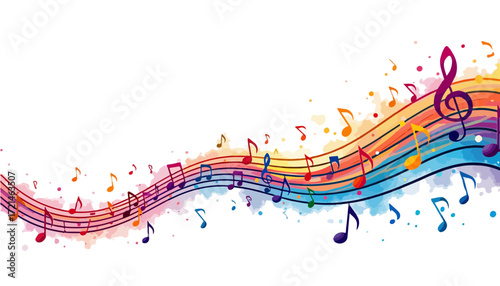 Multicolored musical staff, watercolor style, treble clef, notes. Isolated on transparent background.