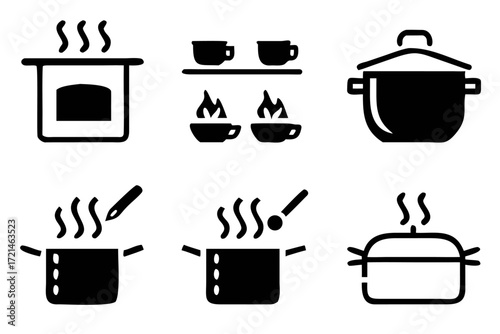 Cooking icons featuring an oven, cups, pots, and pans, representing various cooking methods and kitchen equipment