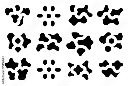 Abstract spot patterns featuring organic shapes, geometric arrangements, and various designs, creating a visually diverse collection