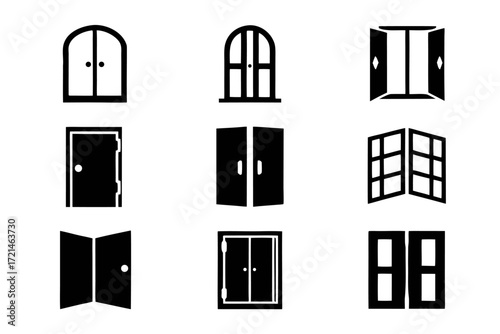 Collection of door icons, showcasing various styles such as arched, paneled, and folding designs for architectural representation