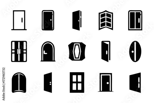 A collection of black and white door icons in various styles and shapes, representing different entrances and exits