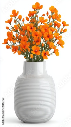 Vibrant orange flowers in a white, textured vase against a white background. Simple, elegant floral arrangement.