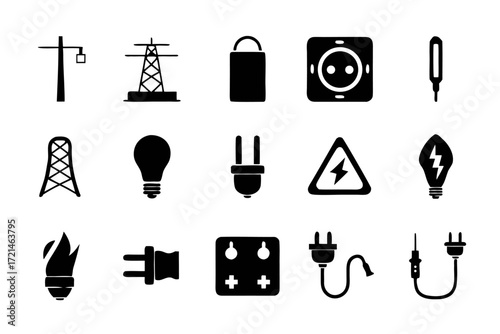Collection of electricity icons, representing power poles, outlets, plugs, and lightbulbs for energy and electrical concepts