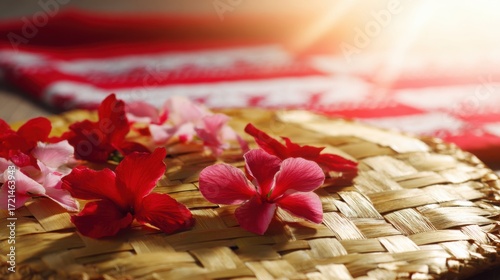 ketupat. Vibrant hibiscus flowers around traditional ketupat weave, warm sunlight and festive mood. event programs, museum guides, designed for cultural heritage projects and event programs.