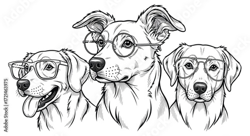 Three intelligent dogs wearing glasses, looking smart and curious
