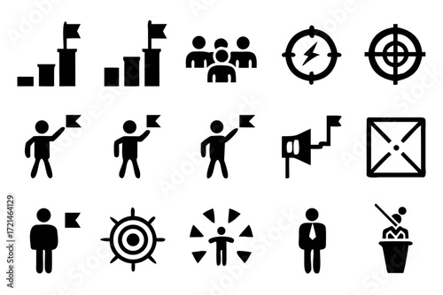 Set of black leadership icons contains a variety of leadershiprelated symbols, such as goals, teamwork, and success