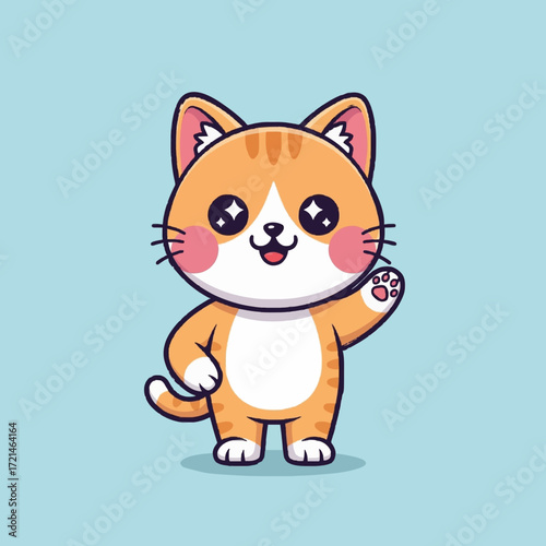 Adorable ginger cat character with a cute waving gesture. This friendly kawaii kitten says hello with a happy smile. Cartoon vector animal illustration