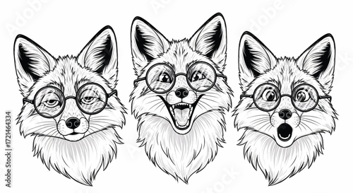 Three whimsical foxes with glasses express a range of emotions from surprise to joy.