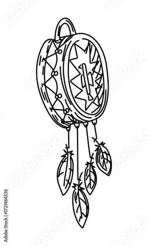 tambourine, musical instrument decorated with feathers, threads, ritual ornaments. symbol of Native Americans in Doodle style. Performing ceremonies. Engravings, graphics, shading. American Indians