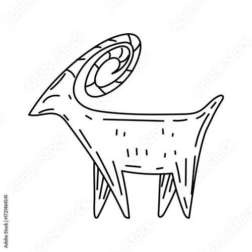 Graphic image of a mountain goat sideways in doodle style. Historical images of wild animals during hunting. Linear image with black marker on white. Engraving, graphics, and shading. American Indians