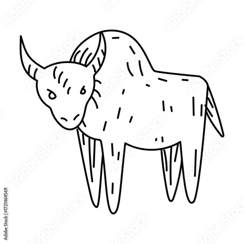 graphic image of a buffalo looking at you in doodle style. Historical images of wild animals during hunting. linear image with black marker on white. Engraving, graphics, and shading. American Indians