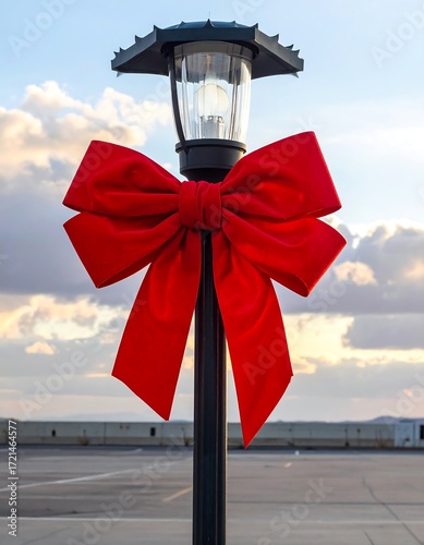 Red ribbon adorning a lamp post at sunset