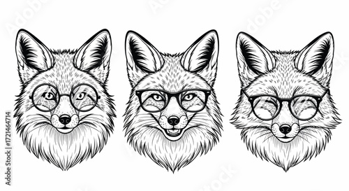 Three whimsical foxes with glasses, showcasing different expressions in a playful, artistic style.
