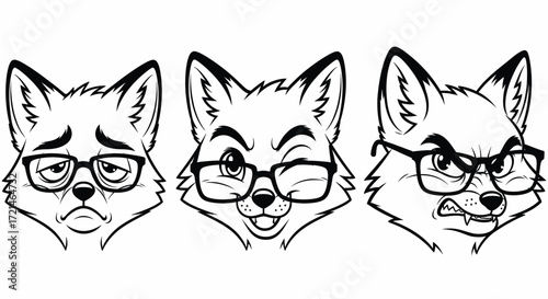Three expressive fox faces wearing glasses, showing different emotions from sad to happy and angry.