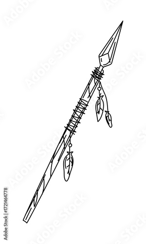 spear, Native American weapon in style of doodle. wooden stick with metal tip decorated with threads, beads, and feathers. handmade product. An engraving, graphic, and shading. American Indians