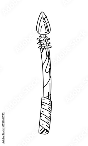 Hunting spear, Native American weapon in the style of doodle. A wooden stick with a metal tip wrapped in leather for grip. Handmade product. Engraving, graphics, shading. American Indians