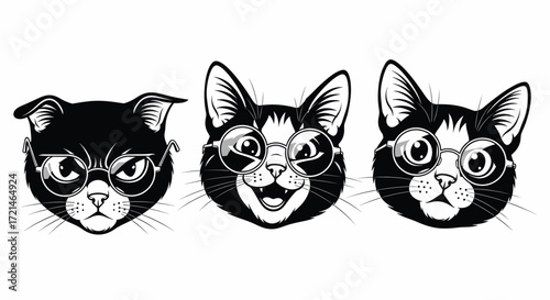 Three black cats wearing eyeglasses showing different emotions, from grumpy to happy to confused.