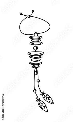 Native American doodle-style neck ornament. Stones of different sizes as ornaments with weavings, beads, and feathers. Leather strap. Handmade item. Engraving, graphics, and shading. American Indians
