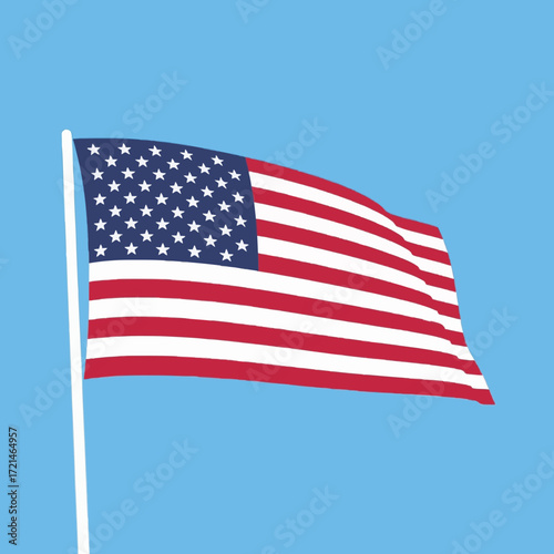 Waving American flag illustration against a clear blue sky, a powerful symbol of patriotism and freedom