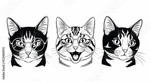 Three stylish cats with glasses show diverse personalities in a fun, graphic portrait.