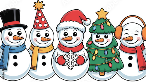 Five cheerful snowmen friends dressed for winter holidays in festive attire
