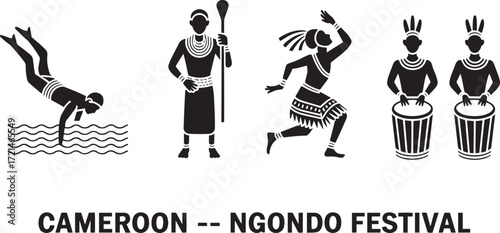 Cameroon Ngondo Festival Black and White Silhouettes Water Sport Event Tradition Icon Set Design