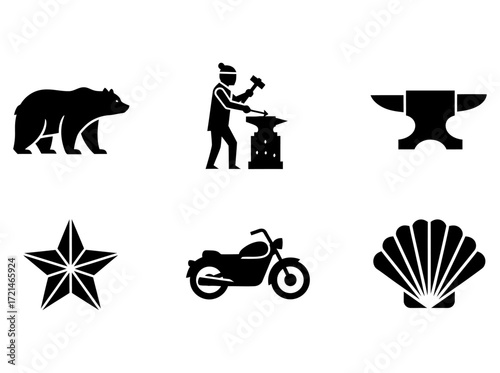 Black and White Icon Set Bear, Blacksmith, Anvil, Star, Motorcycle, Seashell