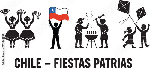Chile Fiestas Patrias Celebrations Silhouette Featuring Dancing Games Barbecue Kites