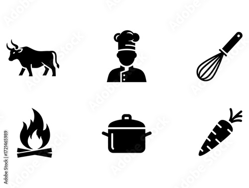 Cooking Icons Steak, Chef, Whisk, Fire, Pot, Carrot - Culinary Elements Vector Illustration