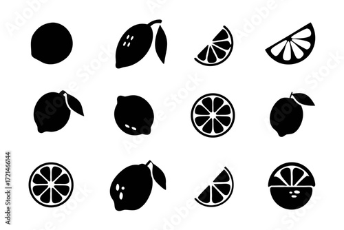 A collection of black and white lemon icons, featuring whole, sliced, and halved lemons, with and without leaves
