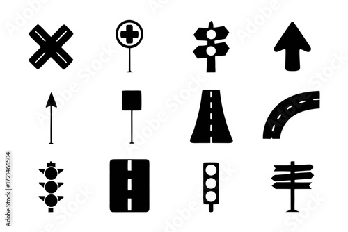 Road and traffic sign icon set traffic light, road, arrow, cross, plus, square, and other traffic related icons