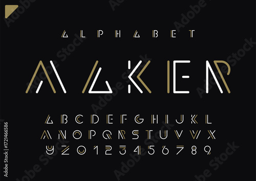 Abstract modern font, minimalistic trendy alphabet made linear style, black graphic futuristic letters and numerals, vector illustration 10EPS

