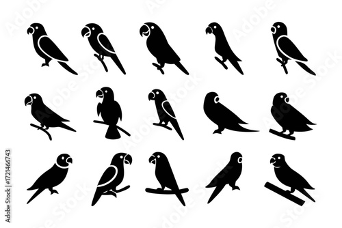 Collection of lovebird silhouettes, showcasing various poses and angles of these charming birds, perfect for design elements