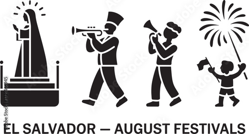 El Salvador August Festivals Black and White Silhouettes Celebration Icon Set Design Vector
