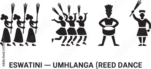 Eswatini Umhlanga Reed Dance Silhouette Icons Swazi Tradition Ceremony Celebration Vector